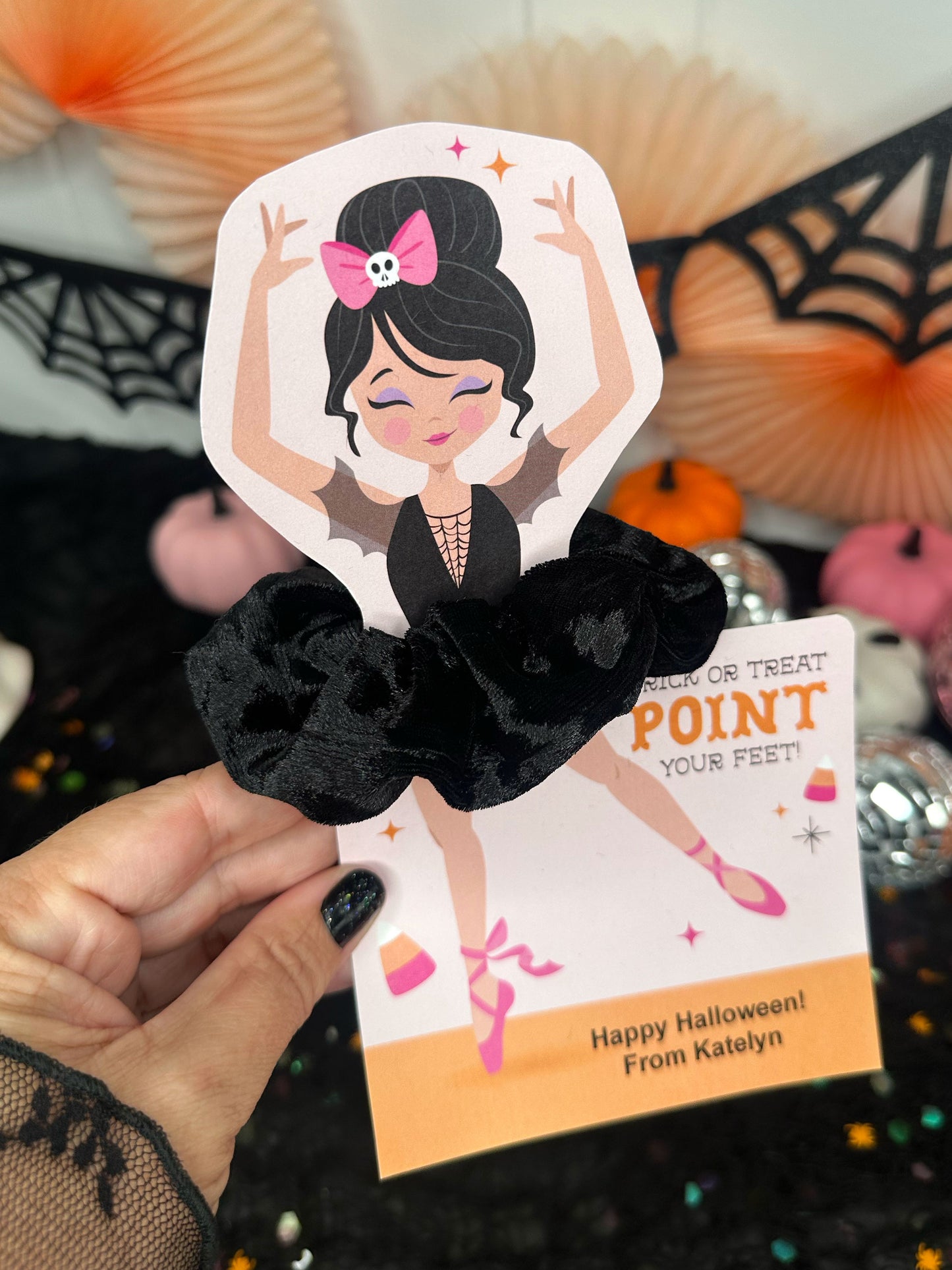 Halloween Ballerina Scrunchie Cards, Printable Ballet Dance Class Halloween Gift