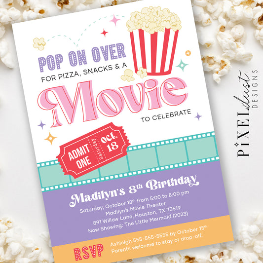 Popcorn & Movie Night Birthday Party Printable Invitation File