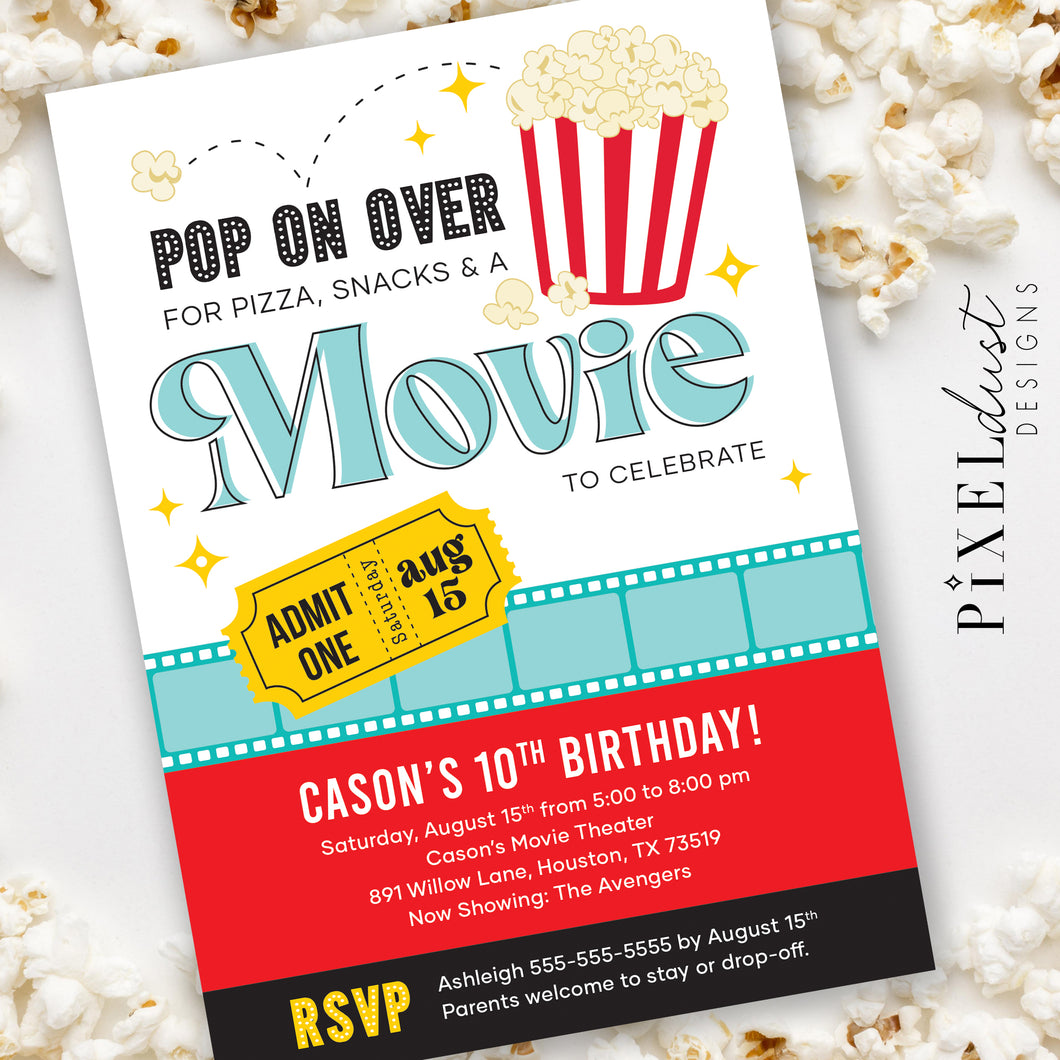 Popcorn & Movie Night Birthday Party Printable Invitation File