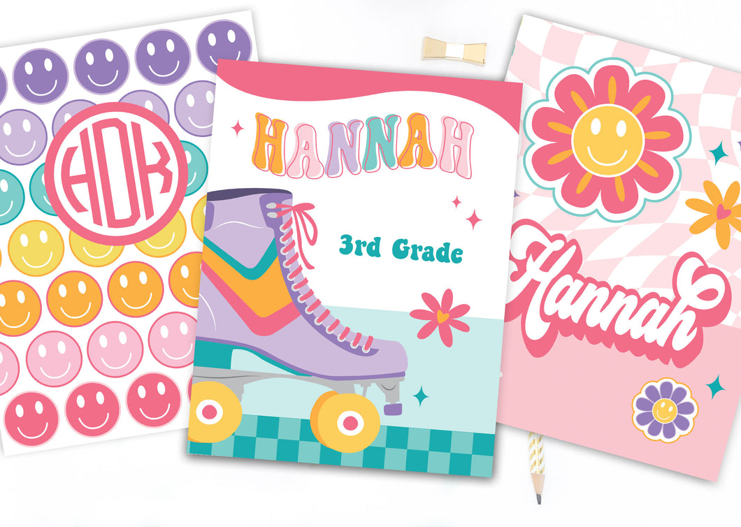 Retro Roller Skate Smiley Face Personalized Binder Cover Set