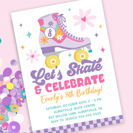 Retro Roller Skate Custom Birthday invitations, Skating Party Printable invitation file