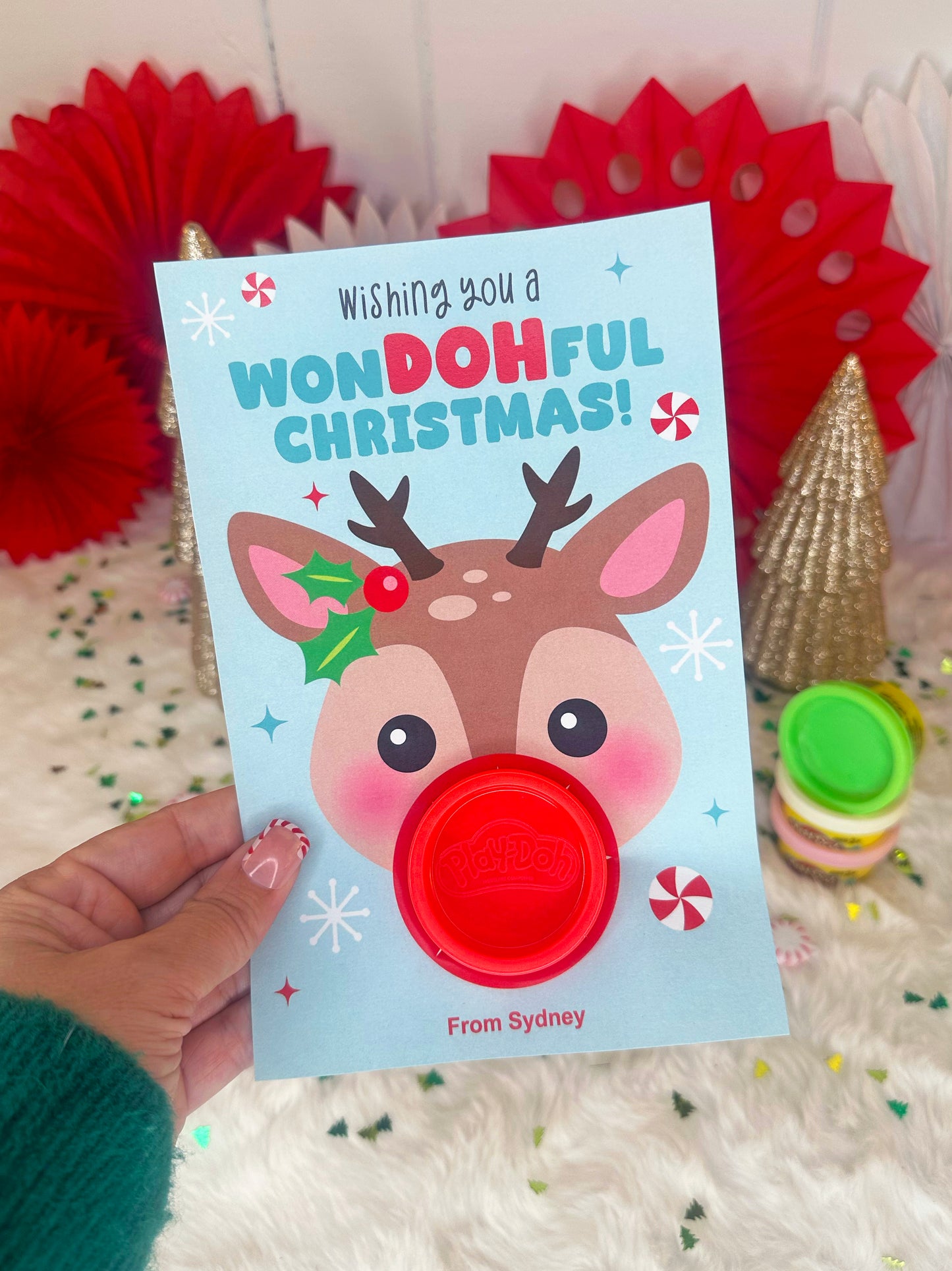 Play Dough Rudolph Printable Christmas Treat Cards for Kids