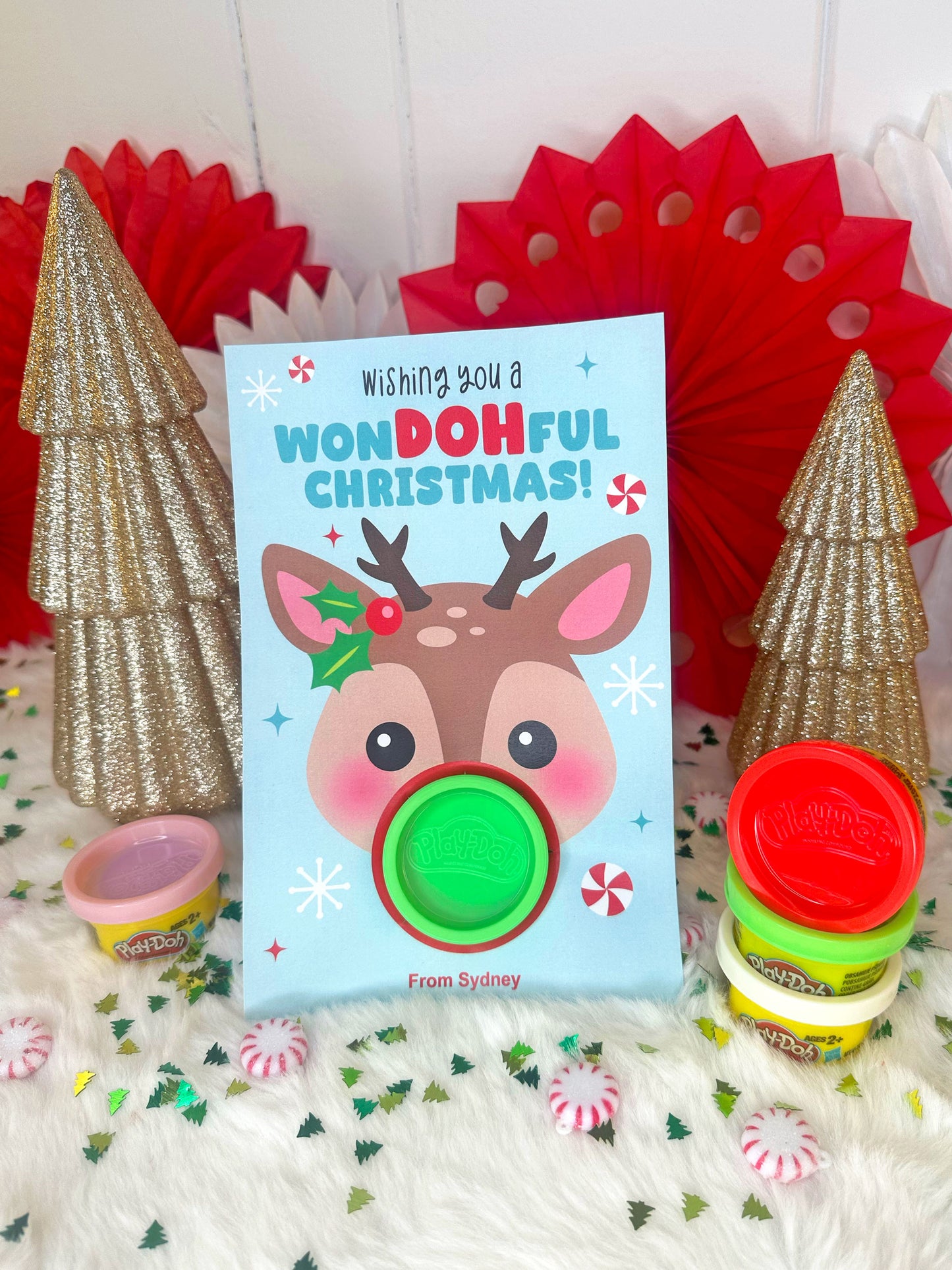 Play Dough Rudolph Printable Christmas Treat Cards for Kids