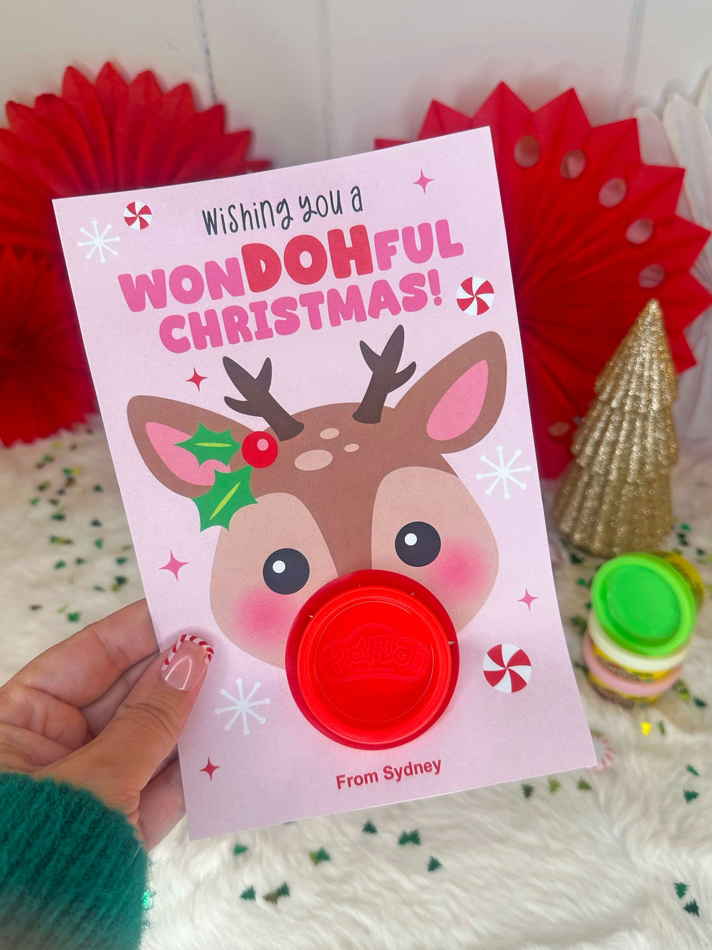 Play Dough Rudolph Printable Christmas Treat Cards for Kids