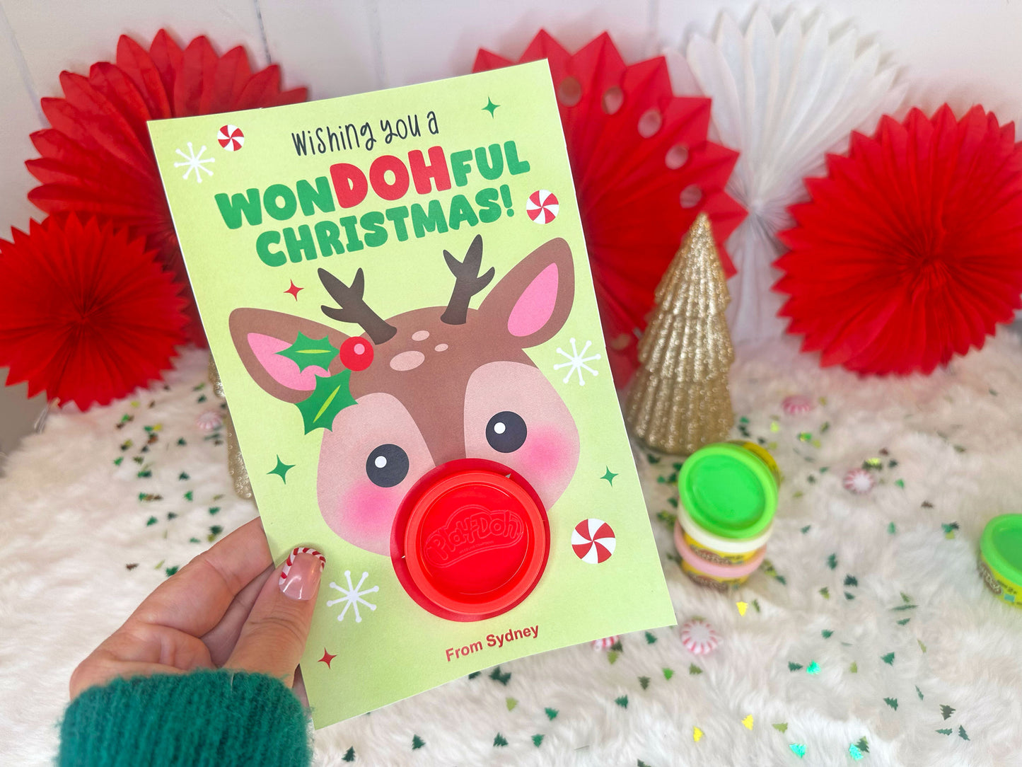 Play Dough Rudolph Printable Christmas Treat Cards for Kids