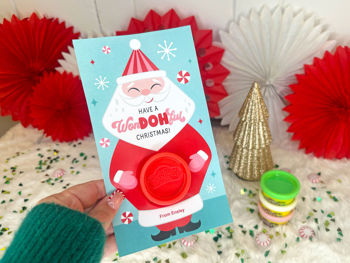 Play Dough Santa Claus Printable Christmas Treat Cards for Kids