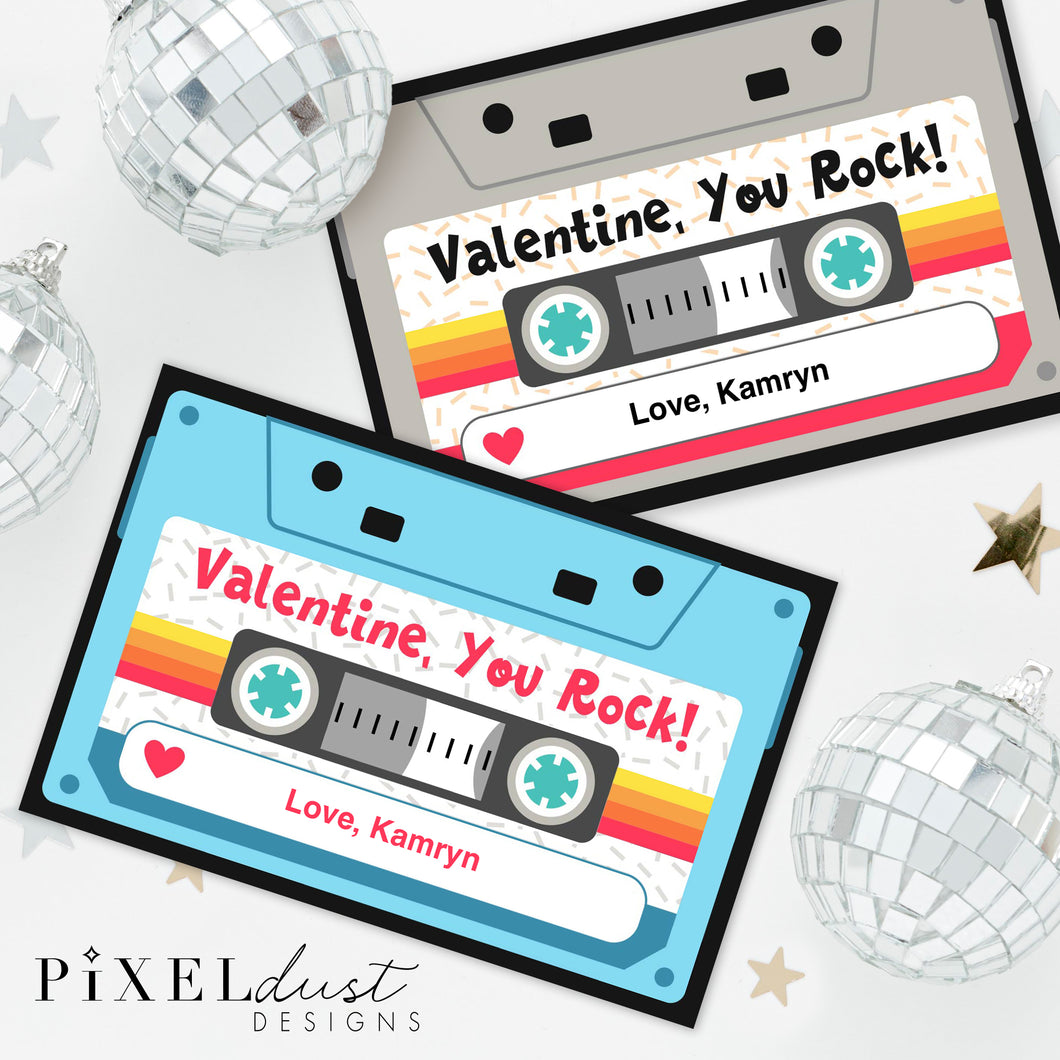 Retro Cassette Tape Valentines, You Rock Printable Valentine Cards