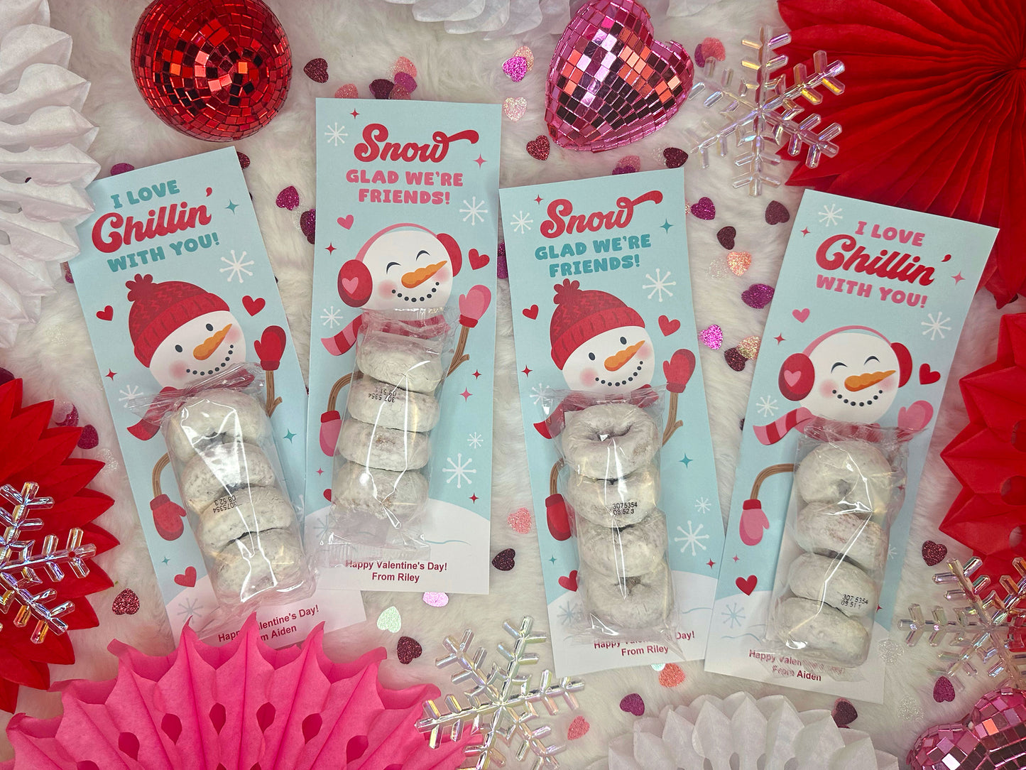Snowman Powdered Donut Valentine Treat Cards