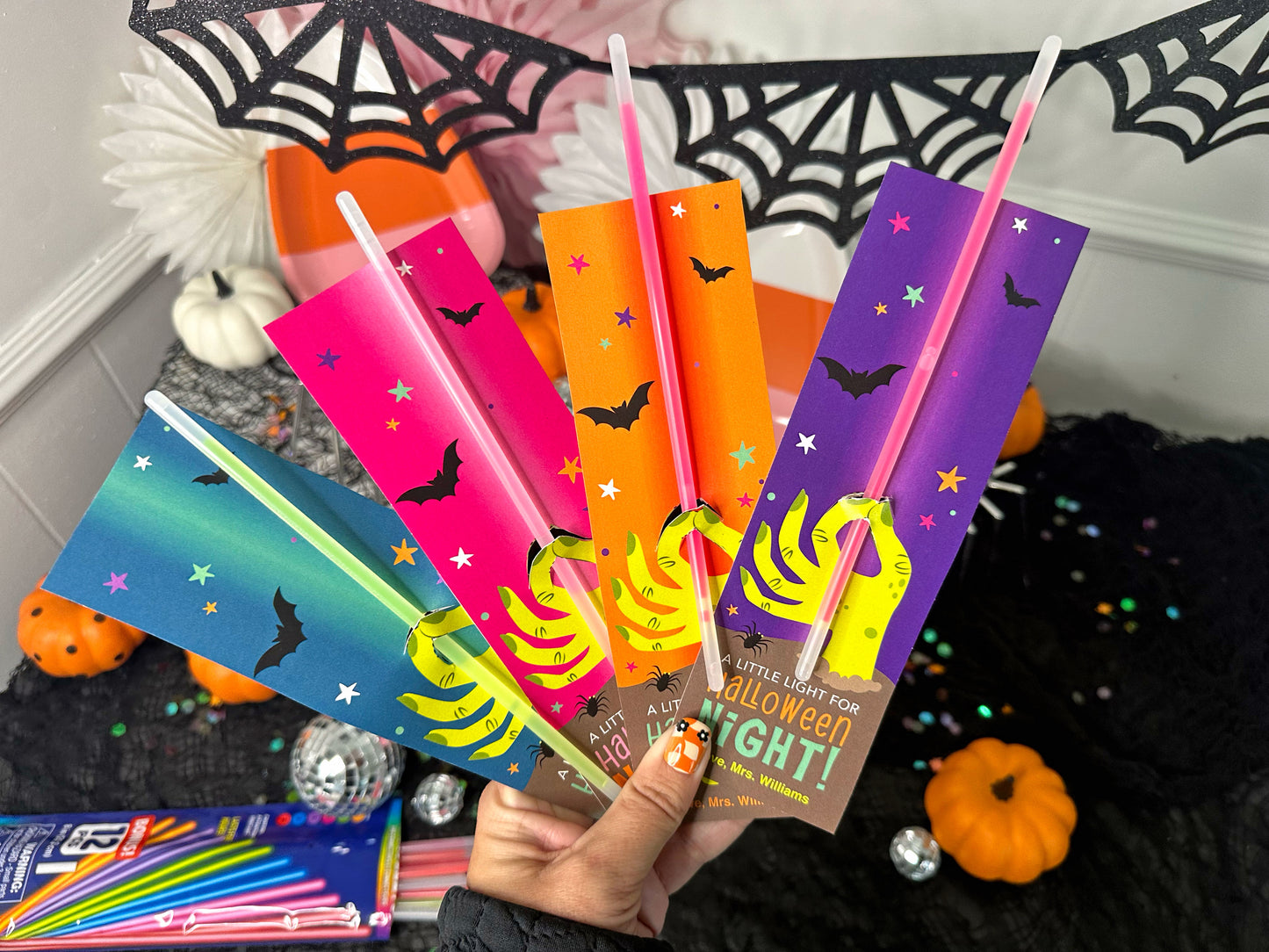 Halloween Zombie Hand Glow Stick Treat Cards for Kids