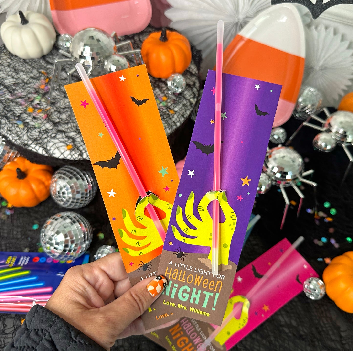 Halloween Zombie Hand Glow Stick Treat Cards for Kids