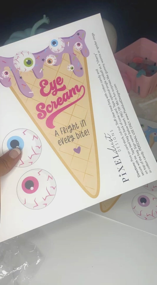 Eye Scream Halloween Printable Cards, Cotton Candy Ice Cream Cone