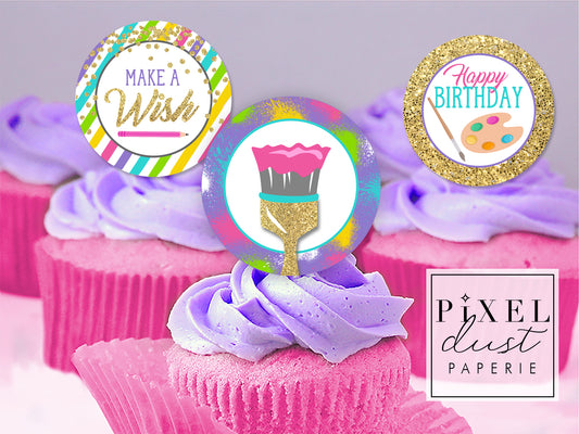 Art Painting Girl's Birthday Printable Cupcake Toppers / Picks