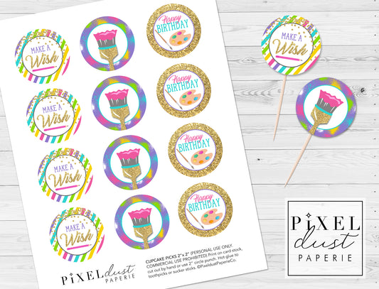 Art Painting Girl's Birthday Printable Cupcake Toppers / Picks