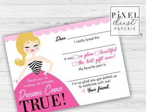 Classic Doll Birthday Party Printable Thank You Card
