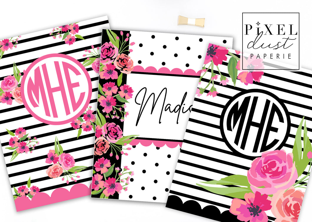 Hot Pink & Black Monogram Binder Cover Set