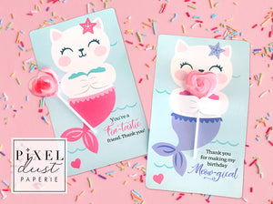 Purrrmaid Cat Birthday Party Favor Thank You Cards