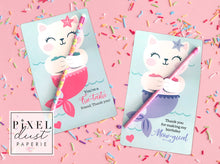 Load image into Gallery viewer, Purrrmaid Cat Birthday Party Favor Thank You Cards
