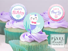 Load image into Gallery viewer, Purrrmaid Cat Birthday Party Printable Cupcake Toppers / Picks
