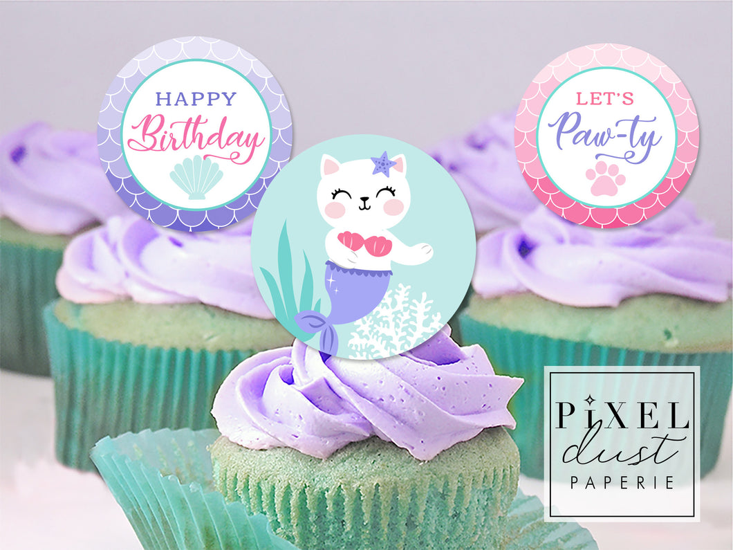 Purrrmaid Cat Birthday Party Printable Cupcake Toppers / Picks