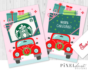 Retro Car Printable Christmas Gift Card Holder - Pink