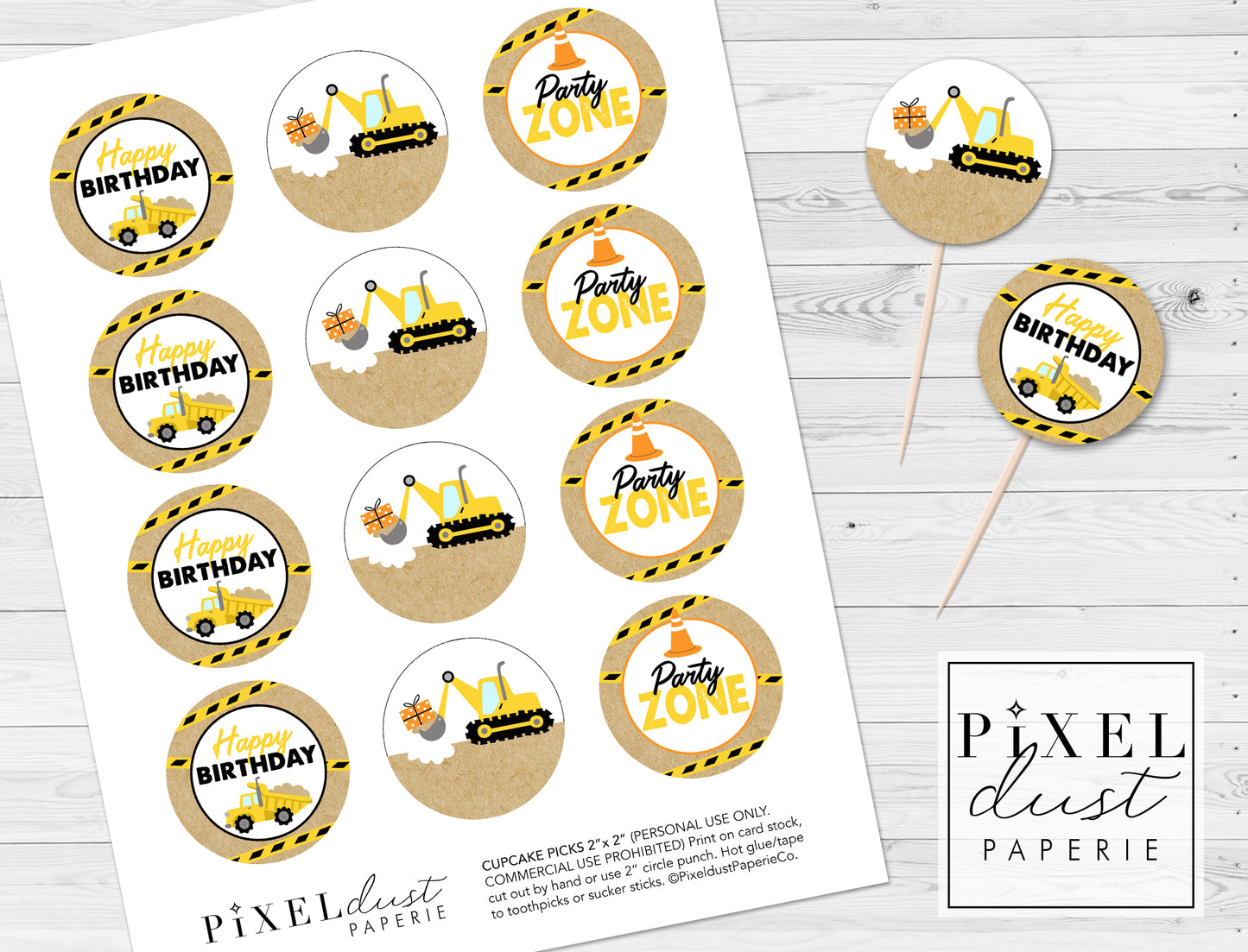 Construction Birthday Party Printable Cupcake Toppers / Picks