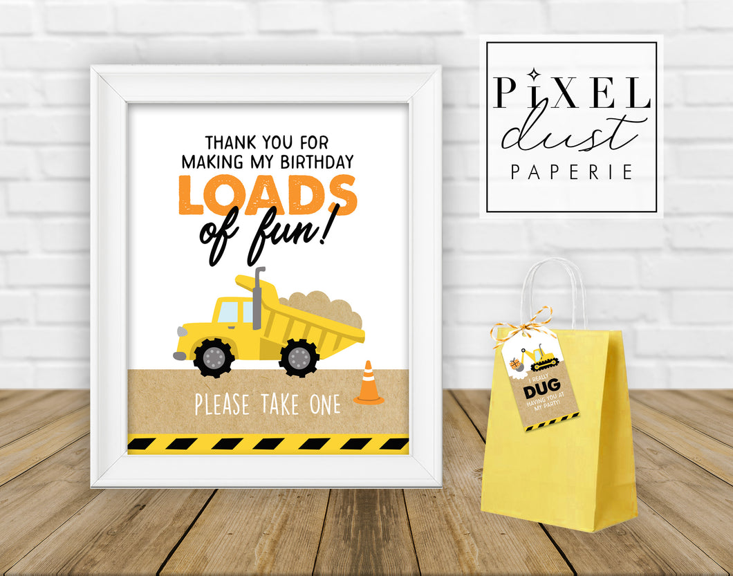 Construction Birthday Party Favor Sign, 8x10 Dump Truck Thank You Sign