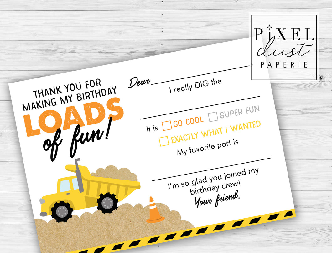 Construction Birthday Party Printable Thank You Card