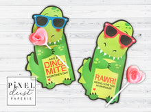 Load image into Gallery viewer, Dinosaur Wearing Sunglasses Printable Valentine Treat Holder Cards
