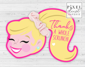 Scrunchie Ponytail Girl Thank You Card, Printable File, Birthday Party Favor Gift