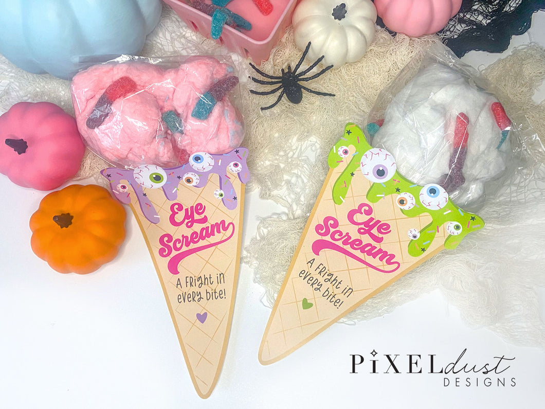 Eye Scream Halloween Printable Cards, Cotton Candy Ice Cream Cone