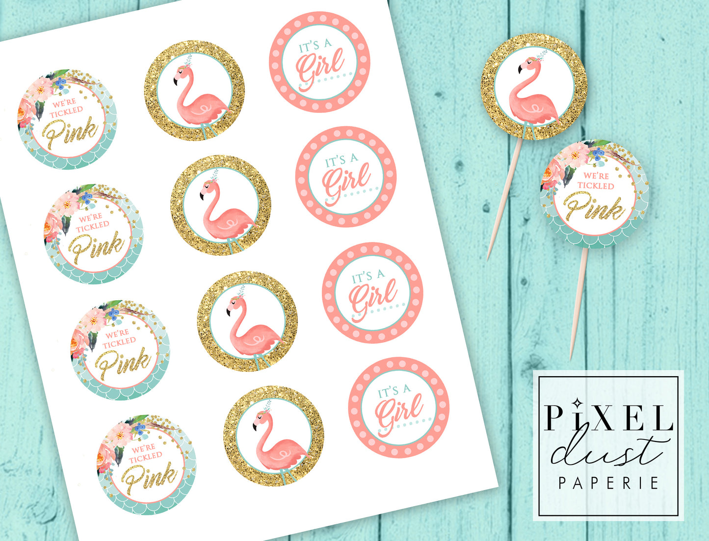 Tickled Pink Flamingo Baby Shower Printable Cupcake Toppers / Picks