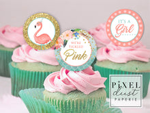 Load image into Gallery viewer, Tickled Pink Flamingo Baby Shower Printable Cupcake Toppers / Picks

