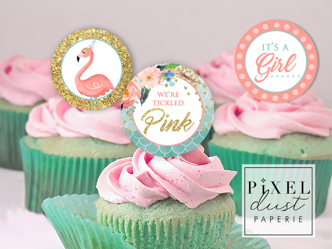 Tickled Pink Flamingo Baby Shower Printable Cupcake Toppers / Picks