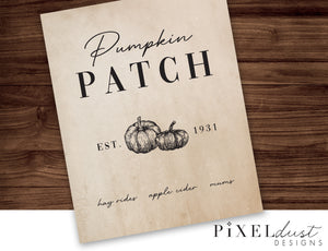 Pumpkin Patch Printable Sign File, Vintage Fall Home Decor Sign