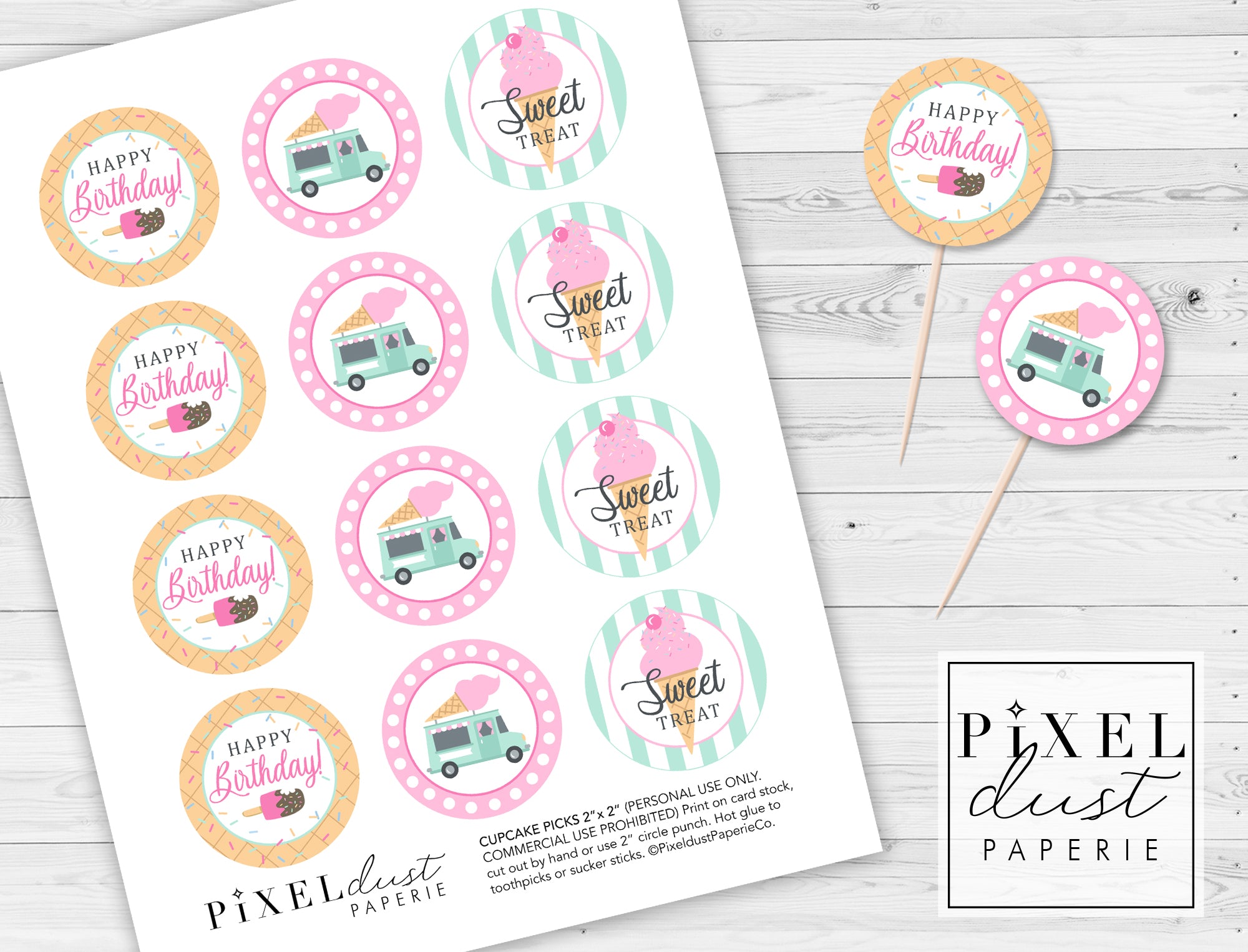 Ice Cream Truck Birthday Party Printable Cupcake Toppers / Picks ...