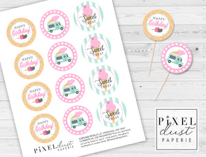 Ice Cream Truck Birthday Party Printable Cupcake Toppers / Picks