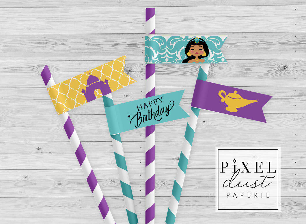 Arabian Princess Birthday Party Straw Flags Printable File