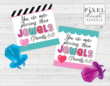 Load image into Gallery viewer, Christian Ring Pop Gift Tags, More Precious than Jewels Proverbs 3:15 Printable Party Favor
