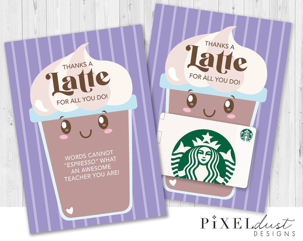 Thanks a Latte Teacher Appreciation Coffee Gift Card Holder - Purple