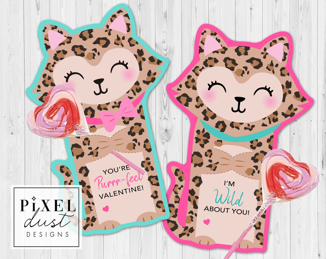 Leopard Cat Valentine Printable Treat Holder Cards
