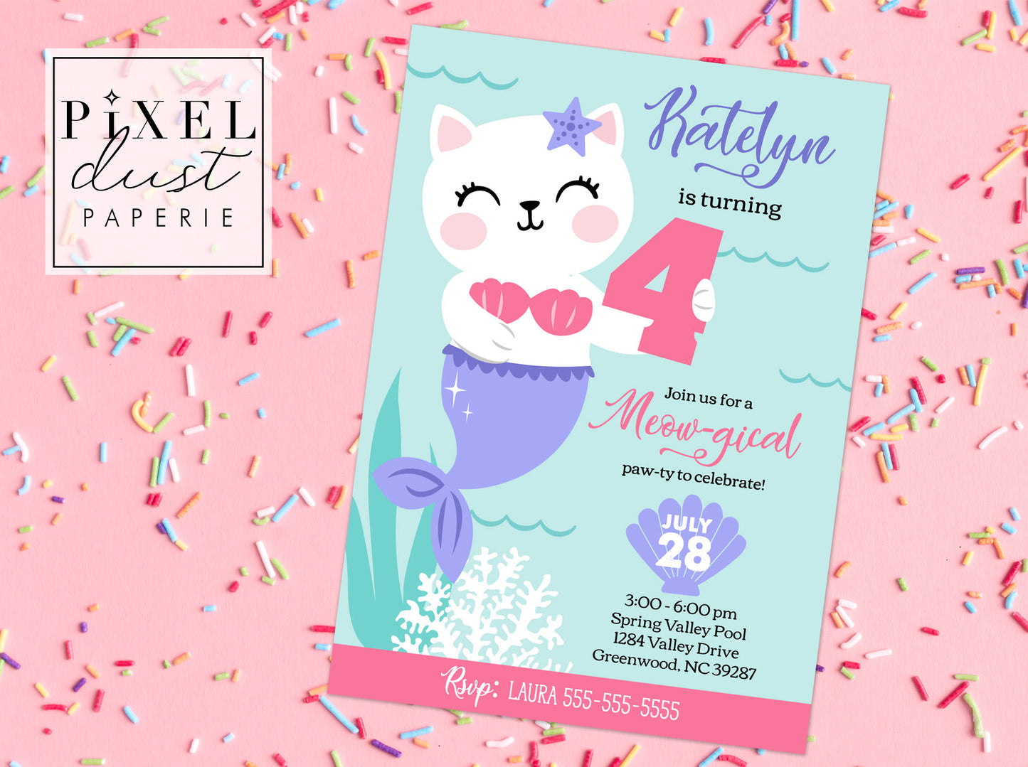 Purrrmaid Cat Printable Birthday Party Invitation File