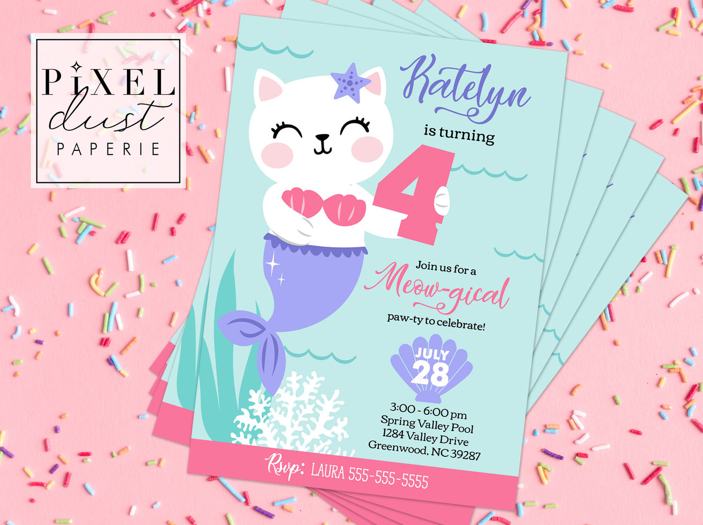 Purrrmaid Cat Printable Birthday Party Invitation File