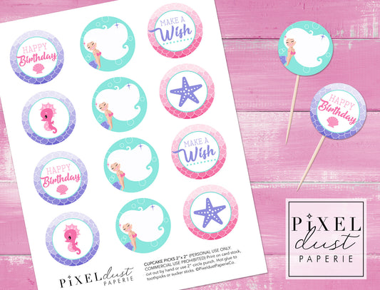 Mermaid Birthday Party Printable Cupcake Toppers / Picks