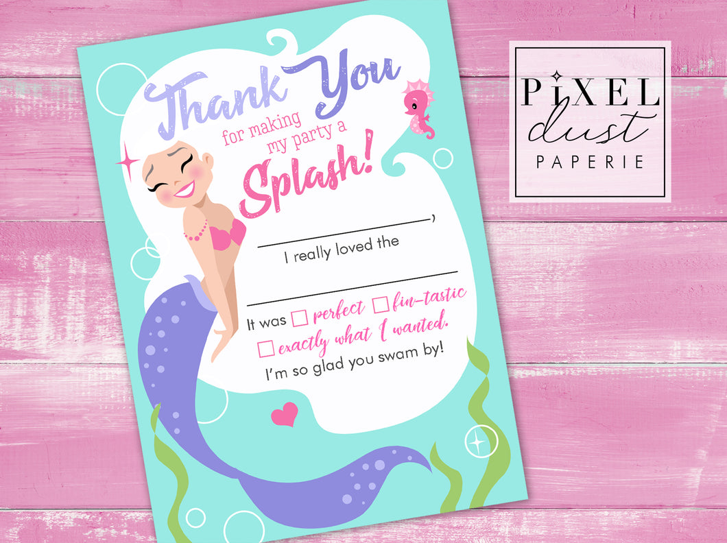 Mermaid Birthday Party Printable Thank You Card