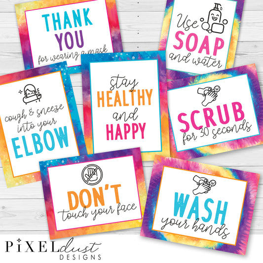 Tie Dye Health and Hygiene Poster Set, Hand Sanitizer Station Posters