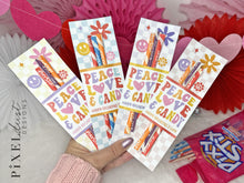 Load image into Gallery viewer, Peace, Love &amp; Candy - Retro Groovy Printable Valentine Cards
