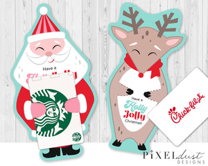 Retro Santa & Rudolph Treat or Gift Card Holder Printable Christmas Cards
