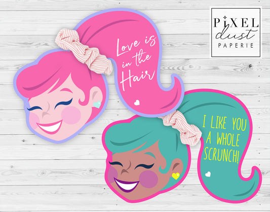 Scrunchie Ponytail Girl Valentines, Printable File, Valentine's Day Card