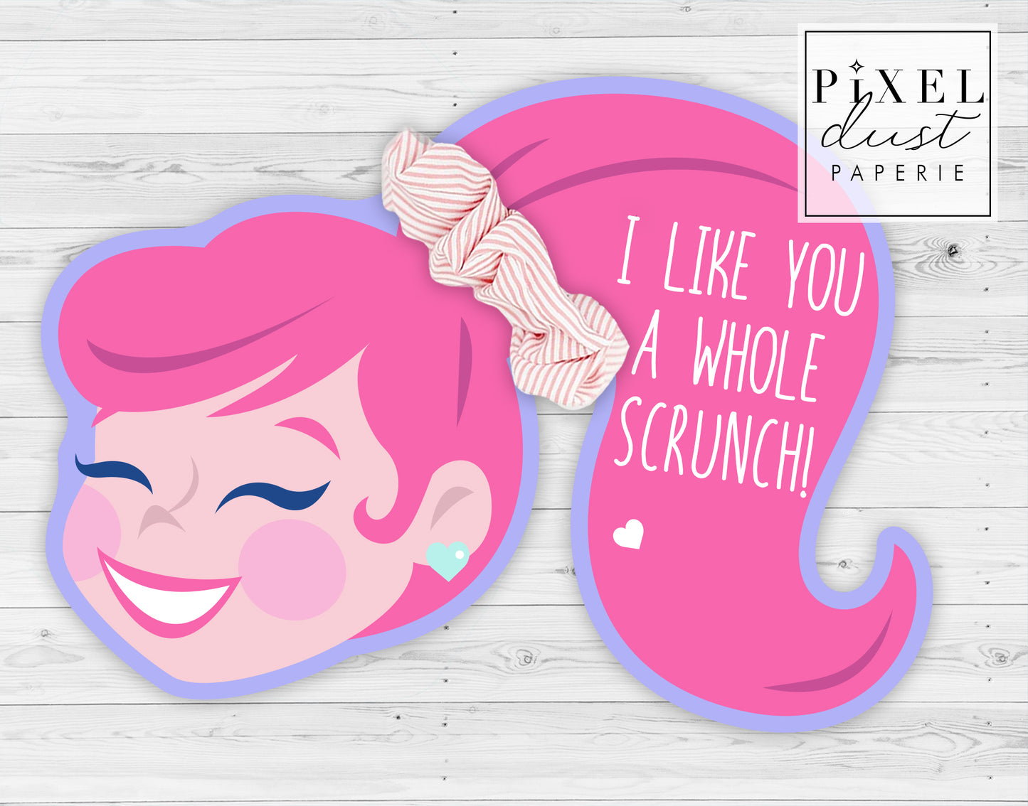 Scrunchie Ponytail Girl Valentines, Printable File, Valentine's Day Card