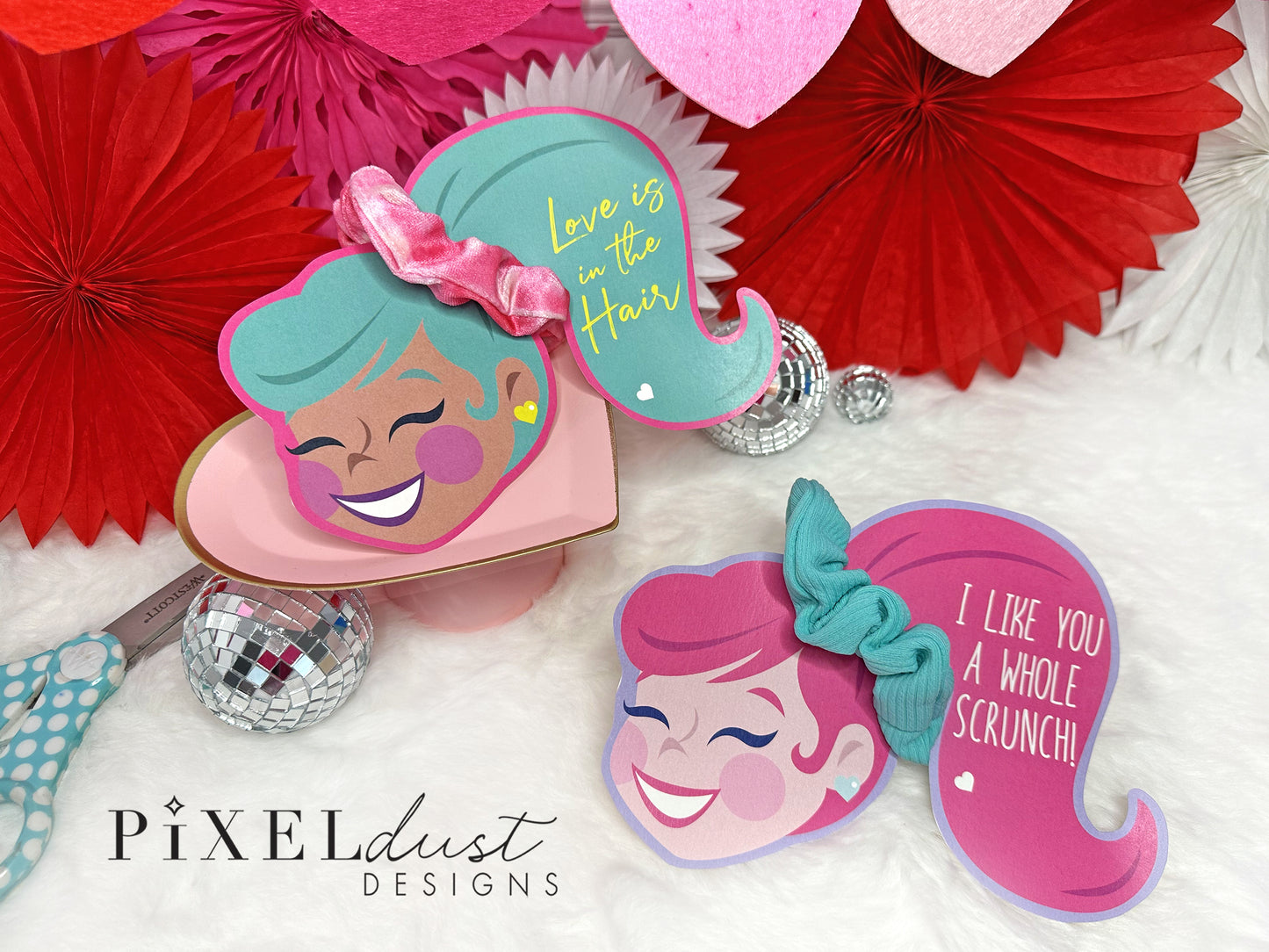 Scrunchie Ponytail Girl Valentines, Printable File, Valentine's Day Card